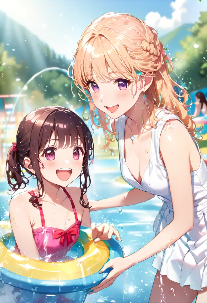 Highest quality、High resolution、Detailed Background、Beautiful face in every detail、Hide your fingers、age beauty、Huge breasts、cuteカラーの髪色、
Braided bob cut、Braided Ponytail、Braided twin tails、Perfect body line、(White sleeveless sailor dress:1.3)、(White sleeveless sailor dress:1.3)、(lothes are wet:1.2)、My whole body is wet、Water droplets fall、Wet hair、Laugh playfully、A big smile、A fun atmosphere、(Two beautiful girls having fun at a water play spot:1.5)、cute