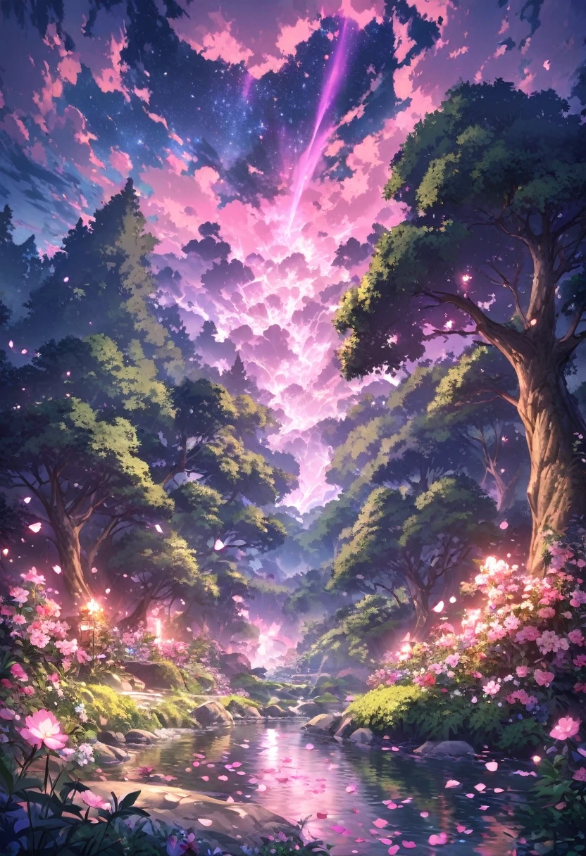 magical night sky, ethereal forest, glowing stream, soft lighting, beautiful scenery, masterpiece, high quality, stunning graphics, extremely detailed, grand landscape, garden, flowers, clouds, night starry sky, river in the background, giant ancient trees in the back, glowing pink petals falling in the background