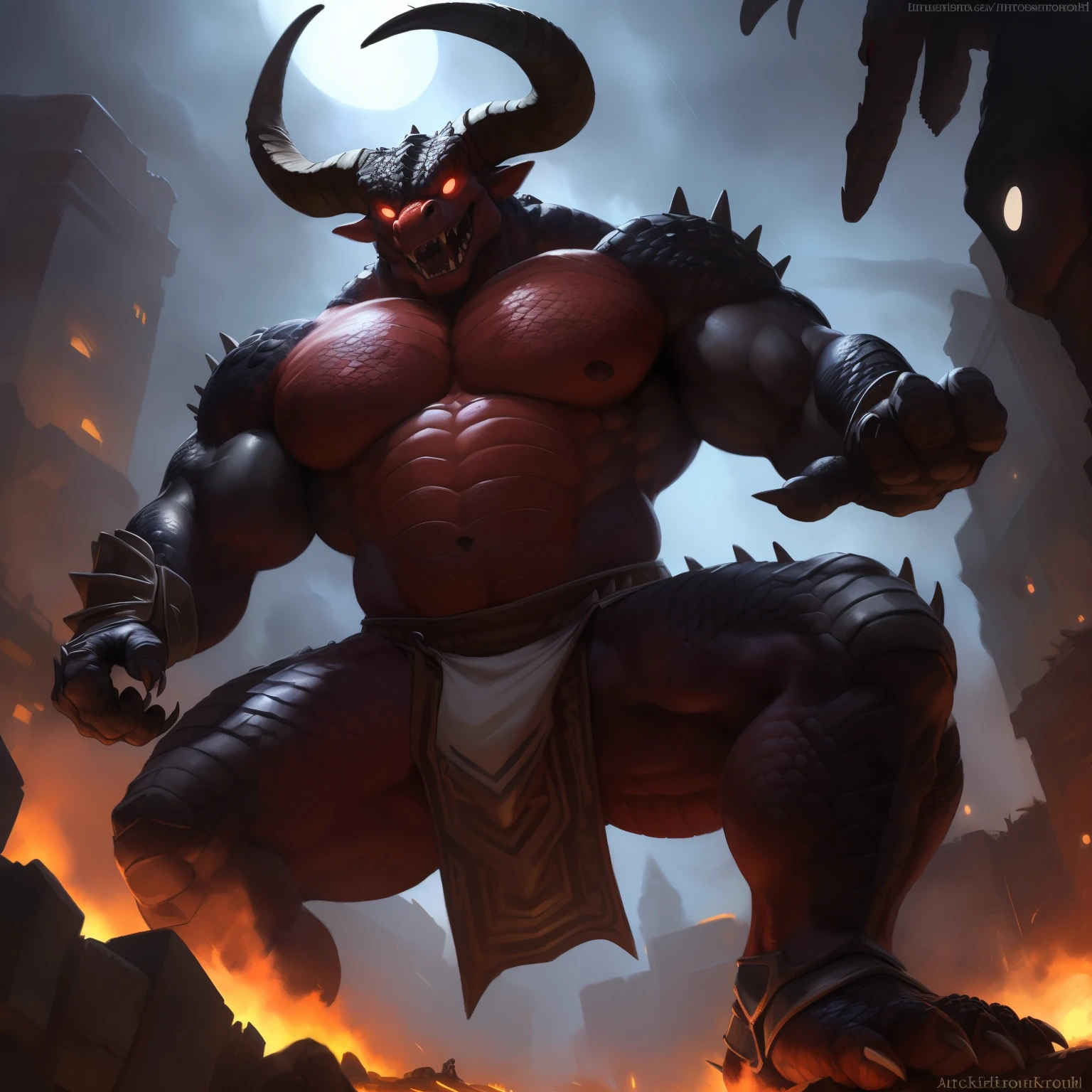 pov, close up view, macro, dark fog, standing, (((hands on chest))), (ultra detailed), a beautiful and detailed full size portrait of a male anthro dragonic, demon, monster, (((black body, red skin, big horns,))) seductive look, seductive, horny, breath, ((((scales, detailed scales, muscle anthro, buff, big pecs, gladiator armor))), armor leg wear, armor gloves, glowing eyes, red eyes, non-mammal breasts, looking at viewer, glowing eyes, big body, sexy body, goddess, (((correct anatomy))), kenket, Ross Tran, ruan jia, trending on artstation, foxovh, cinematic lighting, detailed background, day, empty eyes, foreskin, tan body, tan scales, (((empty eyes))), night, big body, pronounced_browridge, muscular anthro, big muscles, big pecs, arm_spikes, biceps, feets, (full body), loincloth, destruction, stomping, raising his leg about to stomp, laughing, low angle