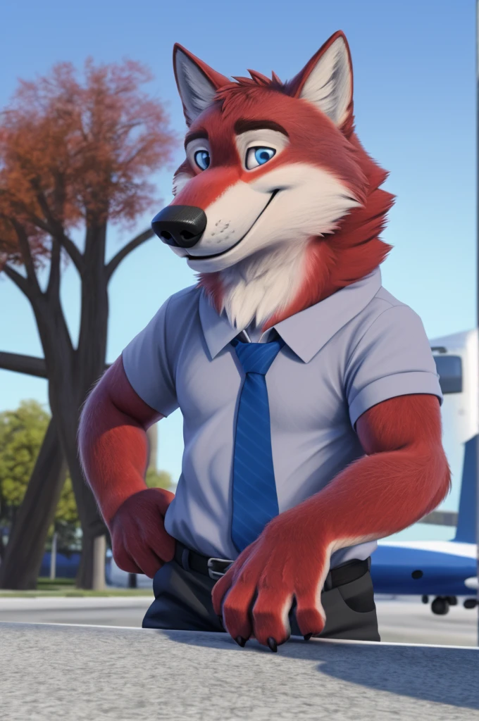 Ivan Wolfbach (Аэропорт Domodedovo),high,Beautiful,slim,24 years,wolf, red fur,high Beautiful wolf, 24 years,(red body:1.3),beautiful blue eyes,Domodedovo, Russia, Аэропорт Domodedovo,gray shirt, Green tie, trousers,canine, wolf, detailed fur, male, antro, paw pads, finger claws, at viewer, 5 fingers, paws, 5 fingers,day,digital photography, soft focus,good mood,photorealism, realistic, photorealistic,digital style,from close walks around the city, Very close to the camera, digital photography, smile positive, good,mood,green tie, At the airport,
masterpiece, Best quality, ultra realistic, 8 k)