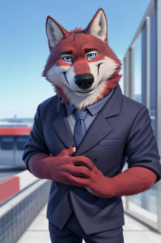 Ivan Wolfbach (Аэропорт Domodedovo),high,Beautiful,slim,24 years,wolf, red fur,high Beautiful wolf, 24 years,(red body:1.3),beautiful blue eyes,Domodedovo, Russia, Аэропорт Domodedovo,gray shirt, Green tie, trousers,canine, wolf, detailed fur, male, antro, paw pads, finger claws, at viewer, 5 fingers, paws, 5 fingers,day,digital photography, soft focus,good mood,photorealism, realistic, photorealistic,digital style,from close walks around the city, Very close to the camera, digital photography, smile positive, good,mood,green tie, At the airport, 
masterpiece, Best quality, ultra realistic, 8 k)