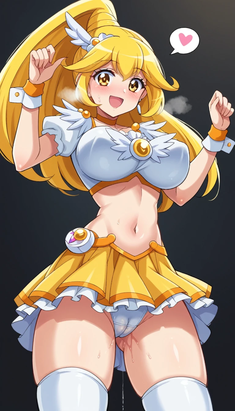 score_9, score_8_up, score_7_up, indoor, black background room,
BREAK
source_anime, 
BREAK
1girl, curepeace, long hair, ponytail, yellow hair, elect big nipple, huge breasts, happy,  spoken heart, 
yellow magical girl, navel, wing hair ornament, cropped top, frilled wrist cuffs, friled skirt, thighhighs, 
tall, leggy, glistened skin, oiled skin, shiny skin, heavy breathing, wide hips, tight waist, thick thighs,
standing and spread legs, pussy juice, cameltoe,
looking_at_viewer,