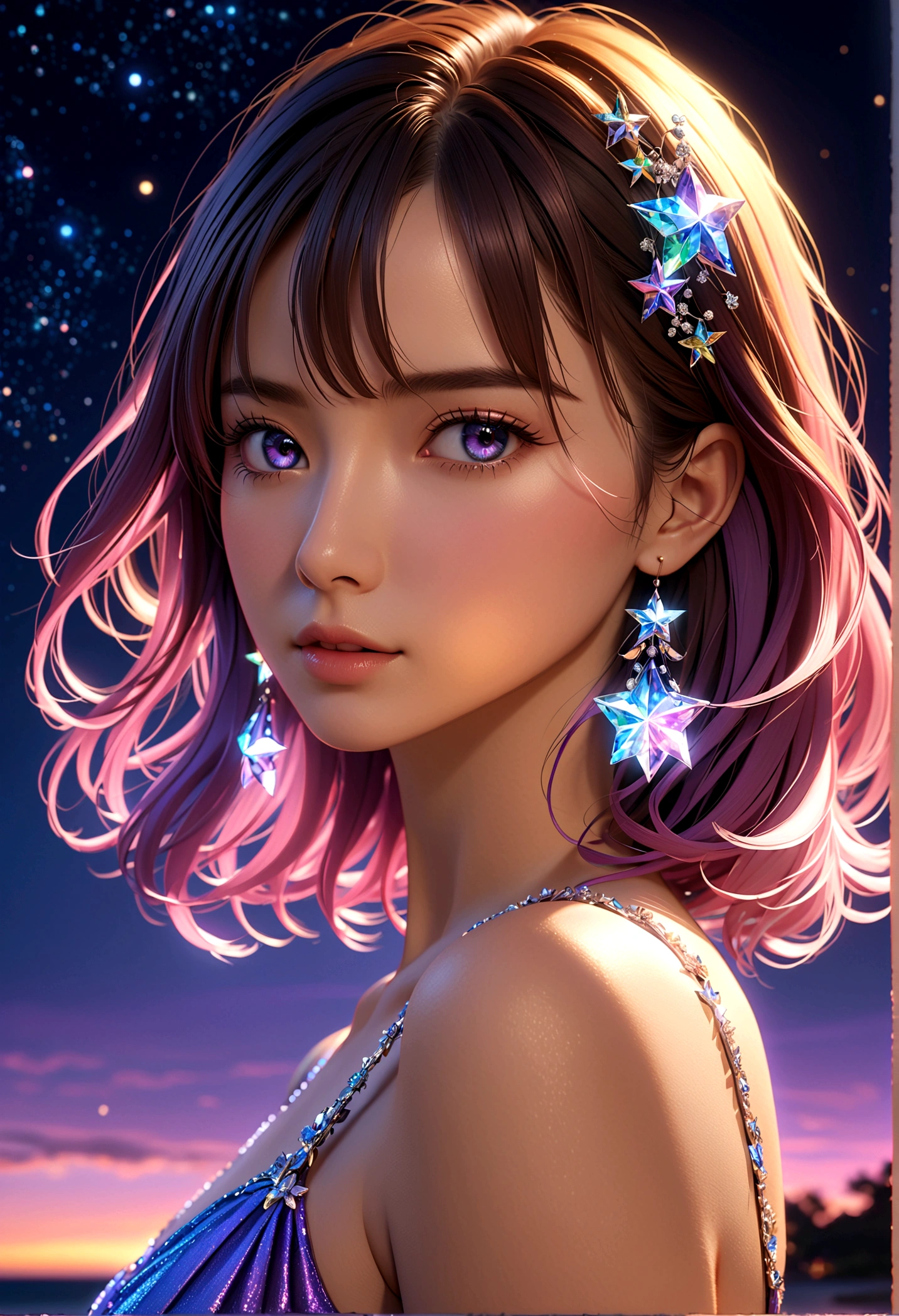 masterpiece, pretty girl, break, Purple evening dress, A face with attention to detail, Upper Body, Glare, Rainbow colors, Global Illumination, Soft Light, Dream Light, number, 8K Close-up, Fantasy, Night Sky, star, star雲, White Crystal, moonlight, peaceful, summer, (8K:1.1)