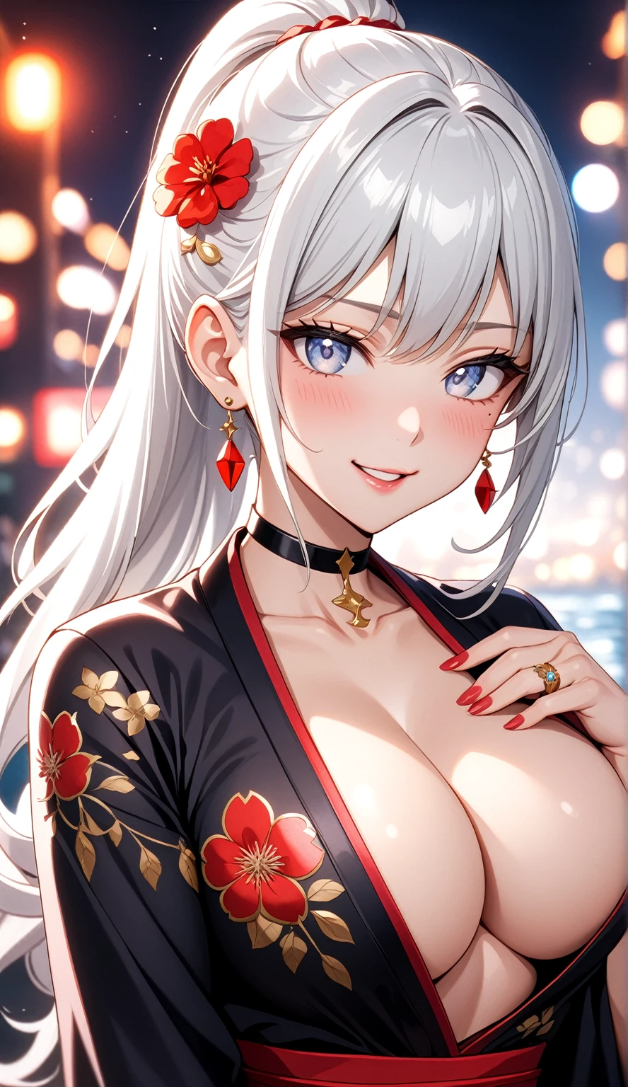 ((One personの女性)), Beautiful Face, (Laughing embarrassedly), (naughty face), ((Wink:1.8)), Laugh with your mouth wide open,((Bright red cheeks:1.4)),Shiny red lips, night,横浜のnight景,You can see the ocean, firework,,Glossy pink lips,Facial lighting,((Anime style background)),masterpiece, Highest quality, so beautiful,up to date, Complex details, (Pink long nails), (ring),(bracelet),(choker),AI-generated, Complex,High resolution, Highest quality, super high quality,3D Images、3D Images,One person,Long white hair,High Ponytail,(blue eyes),Anime woman posing for a photo, ((Fine grain、Silvery white colorful eyes、Shining Eyes:1.3)),(Squint your eyes:1.1),a hyperRealistic , hyperRealistic , Realistic,Anime woman with long white hair, Smooth anime CG art, A woman in a colorful kimono with gold embroidery, (Black long sleeve kimono),Red floral pattern,Long flower hair ornament,Earrings,Mature Body,(Big Breasts:1.1),Tall,Abdominal muscles,Narrow waist,(Zoom up to face), ((front view)),((Hold your chest with both arms)),