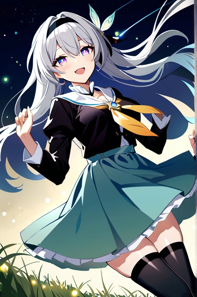 1girl, firefly \(honkai: star rail\), solo, black thighhighs, hairband, gradient Maid skirt, hair ornament, blouse, frilled collar, Maid jacket, yellow neckerchief, cowboy shot, night, floating hair, depth of field, smile, open mouth, fireflies, bokeh, meadow, shooting star , masterpiece, best quality, high quality, highres, ultra-detailed, 