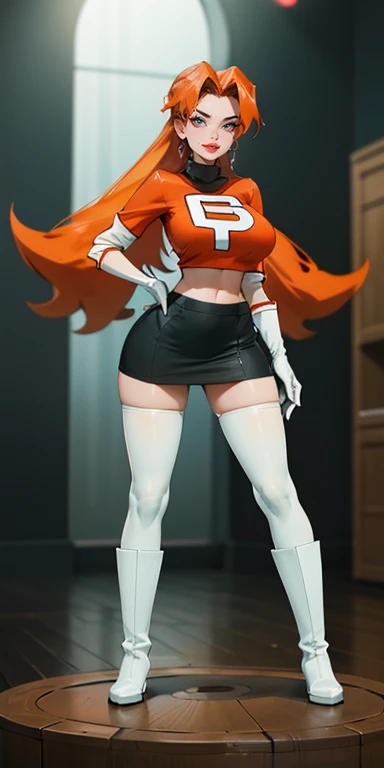 (best quality,4k,8k,highres,masterpiece:1.2),ultra-detailed),HDR,UHD,1girl, full body of beautiful jessie, (black turtleneck top), looking at viewer, volumetric lighting, best quality, masterpiece, realistic , (gigantic breasts), 1girl, face portrait of cassidy evil smile, team rocket,volumetric lighting, best quality, masterpiece, retro artstyle, ((cassidy)), (gigantic breasts), (orange hair), ((team rocket uniform)), short black skirt,midriff, ((white pirate boots)), pantyhose, navel, long hair, ((white opera gloves)), cowboy shot