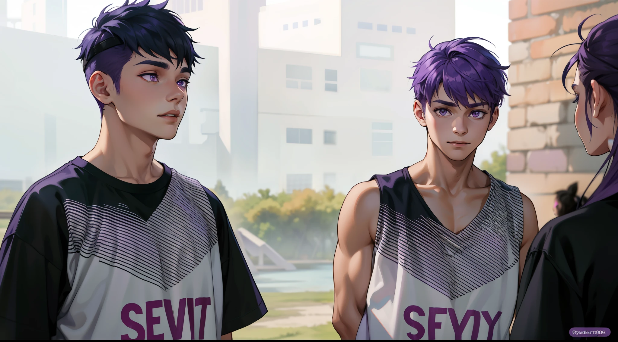 Two boys with purple hair and purple eyes, they are 18 years old, they are in front of a girl with purple hair who is giving them instructions.
