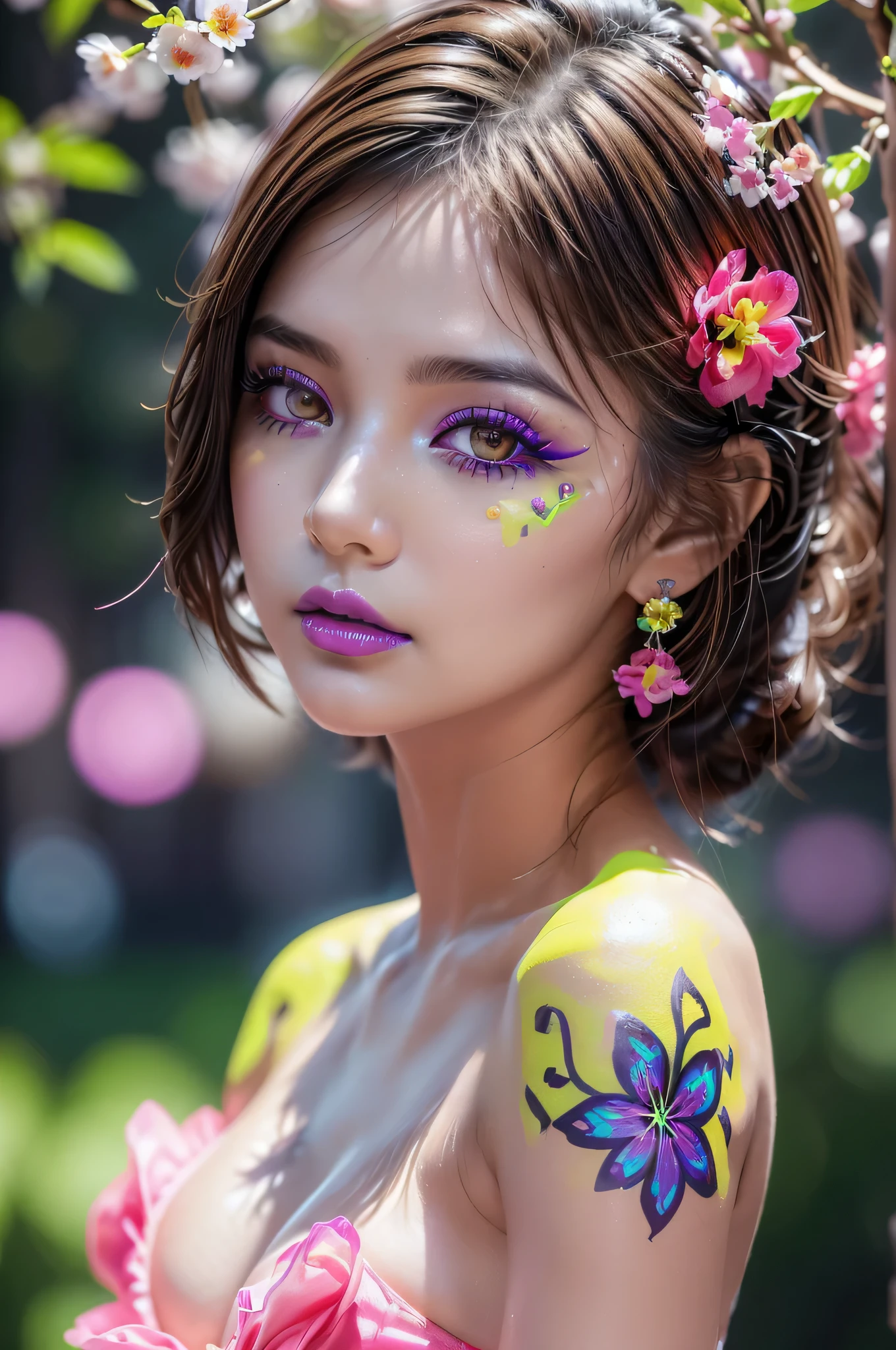 ((portrait of a girl in the dark, ultraviolet light on her)), (1girl: 1.3, 22 years), ((Glowing 3D objects interact with graphics,Super detailed illustrations)),photorealistic Realism 8K, 16K Quality, fashion supermodel, (Glamour, paparazzi taking pictures of her), (ultra absurd quality, extremely detailed detail, hyper resolution, clear sharp focus, not blurry, (perfect round, Realistic brown eyes:1.25)), (extremely beautiful face, beautiful lips), pink_makeup:1.2, blue_eyeliner, red_lipstick:1.2,(perfect dark_eyeshadows), (Detailed nose:1.2), Intricate detail face, best high quality real texture skin, (perfect composition), ((creative spring flowers uv portrait glowin neon body art painting:1.25)), ((fluorescent flower clusters printed on her skin: 1.42)), ((fluorescent paint whole body:1.4)), ((A model shows off glowing body paint covering her private parts in a vivid artistic display))),