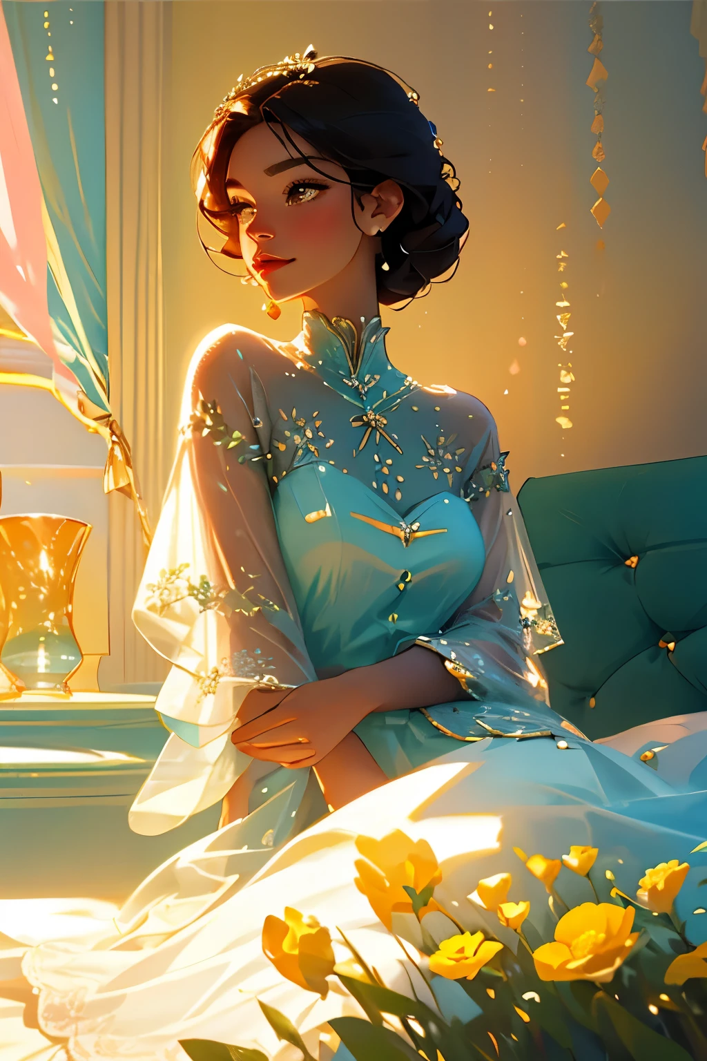 Stunningly Realistic Portrait of a Radiant Woman in a Captivating Summer-Themed Two-Piece, Set Against a Luxurious and Intricate Background of a Detailed Flower-Filled Bedroom.

Luxurious and Highly Detailed Summer Bedroom Environment, Brimming with Vibrant and Delicately Crafted Floral Accents.

Post-processing of an 8k Digital Painting, Embodying the Concept of Soft Light Imagery, Executed with the Precision of a Harper's Market Illustration, Portraying a Tender Smile.

The woman, characterized by her beauty and mesmerizing demeanor,