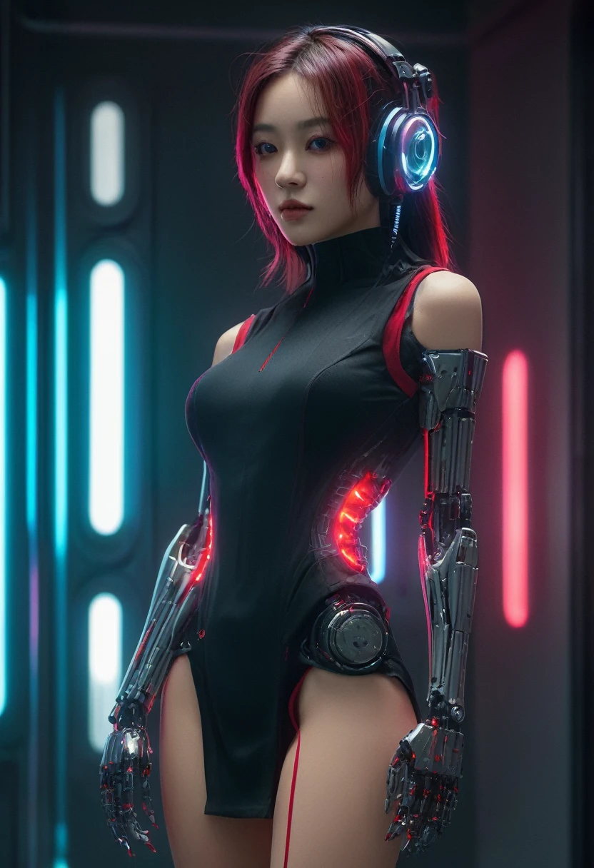 xxmixgirl. Highly detailed professional 35mm film, bokeh, face in sharp focus. A robotic female, Miku, with ((metal skin)), ((perfect Asian eyes)) with magenta irises and ((black pupils)), beautiful serious (detailed face), 18 year old ((photorealistic face)), very long magenta twin tails of magenta hair, twin black hair ties with a single red stripe. She may have a black audio headpiece. We can see her ((full body)) down to her boot soles. Her outfit is a sleeveless collared light grey shirt, outlined in red around the frilled collar and hems. Shiny reflective ((metallic breast cups, dimpleless)), invisible nipples. She wears black sleeves with red hems that start around her upper arm and bellow out as the sleeves open and extend to her wrists, with wide trumpet red rimmed cuffs. She has perfect robotic (detailed hands). She wears a red colored tie with two horizontal solid parallel black lines halfway across. She wears a fabric black skirt with a horizontal red hem at the bottom all the way around; her (((black skirt wraps around her))) and ((her skirt completely covers)) her robotic waist and thighs. Tall black boots with red bottom soles, a red rim around the top at her thighs. Her mechanical shoulder joints are visible. We can see her robotic legs and robotic neck. Half of her is covered with shiny polished machinery. The background is a distant dark neon futuristic Japanese city, gold, cyan, violet neon, near harbor or mountains.