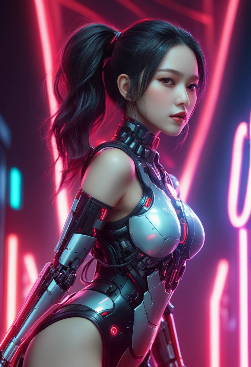 xxmixgirl. Highly detailed professional 35mm film, bokeh, face in sharp focus. A robotic female, Miku, with ((metal skin)), ((perfect Asian eyes)) with magenta irises and ((black pupils)), beautiful serious (detailed face), 18 year old ((photorealistic face)), very long magenta twin tails of magenta hair, twin black hair ties with a single red stripe. She may have a black audio headpiece. We can see her ((full body)) down to her boot soles. Her outfit is a sleeveless collared light grey shirt, outlined in red around the frilled collar and hems. Shiny reflective ((metallic breast cups, dimpleless)), invisible nipples. She wears black sleeves with red hems that start around her upper arm and bellow out as the sleeves open and extend to her wrists, with wide trumpet red rimmed cuffs. She has perfect robotic (detailed hands). She wears a red colored tie with two horizontal solid parallel black lines halfway across. She wears a fabric black skirt with a horizontal red hem at the bottom all the way around; her (((black skirt wraps around her))) and ((her skirt completely covers)) her robotic waist and thighs. Tall black boots with red bottom soles, a red rim around the top at her thighs. Her mechanical shoulder joints are visible. We can see her robotic legs and robotic neck. Half of her is covered with shiny polished machinery. The background is a distant dark neon futuristic Japanese city, gold, cyan, violet neon, near harbor or mountains.