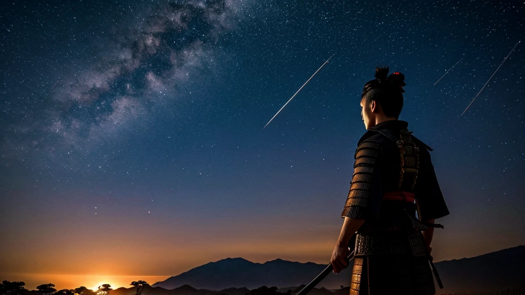 samurai in the distance with meteors raining down
