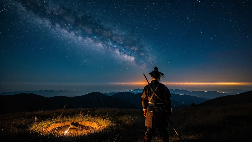 samurai in the distance with meteors raining down