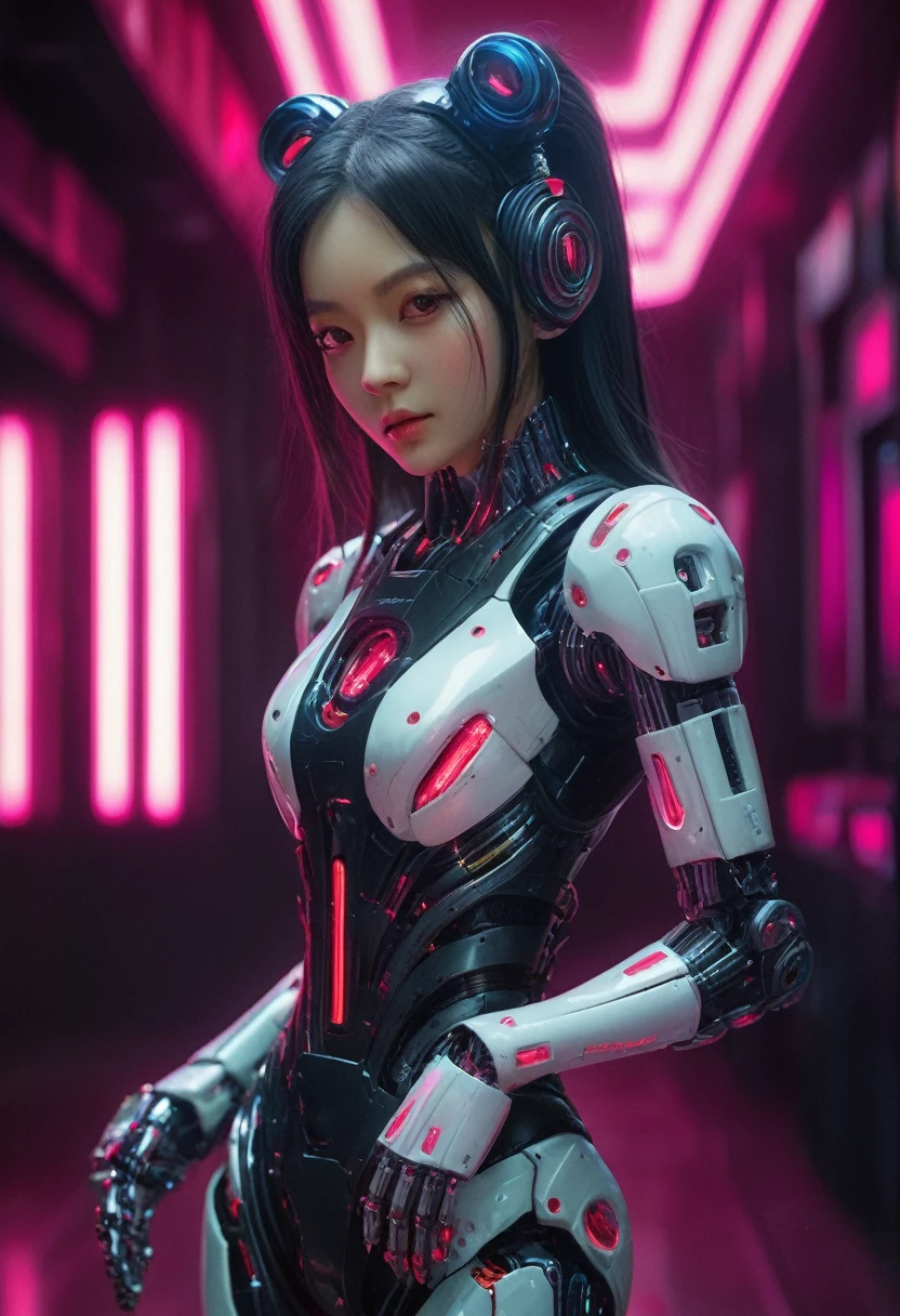 xxmixgirl. Highly detailed professional 35mm film, bokeh, face in sharp focus. A robotic female, Miku, with ((metal skin)), ((perfect Asian eyes)) with magenta irises and ((black pupils)), beautiful serious (detailed face), 18 year old ((photorealistic face)), very long magenta twin tails of magenta hair, twin black hair ties with a single red stripe. She may have a black audio headpiece. We can see her ((full body)) down to her boot soles. Her outfit is a sleeveless collared light grey shirt, outlined in red around the frilled collar and hems. Shiny reflective ((metallic breast cups, dimpleless)), invisible nipples. She wears black sleeves with red hems that start around her upper arm and bellow out as the sleeves open and extend to her wrists, with wide trumpet red rimmed cuffs. She has perfect robotic (detailed hands). She wears a red colored tie with two horizontal solid parallel black lines halfway across. She wears a fabric black skirt with a horizontal red hem at the bottom all the way around; her (((black skirt wraps around her))) and ((her skirt completely covers)) her robotic waist and thighs. Tall black boots with red bottom soles, a red rim around the top at her thighs. Her mechanical shoulder joints are visible. We can see her robotic legs and robotic neck. Half of her is covered with shiny polished machinery. The background is a distant dark neon futuristic Japanese city, gold, cyan, violet neon, near harbor or mountains.