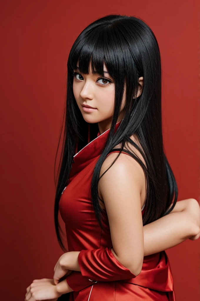 An anime girl with bangs, black hair, brown eyes, and a Naruto band from the leaf village with a red suit like Sakura's and a red aura behind her.