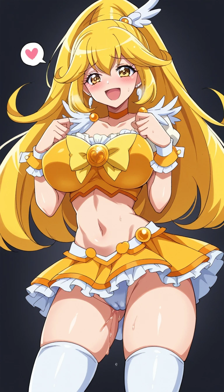 score_9, score_8_up, score_7_up, indoor, black background room,
BREAK
source_anime,
BREAK
1girl, curepeace, long hair, ponytail, yellow hair, elect big nipple, huge breasts, happy, spoken heart,
yellow magical girl, navel, wing hair ornament, cropped top, frilled wrist cuffs, friled skirt, thighhighs,
tall, leggy, glistened skin, oiled skin, shiny skin, heavy breathing, wide hips, tight waist, thick thighs,
standing and spread legs, pussy juice, cameltoe,
looking_at_viewer,