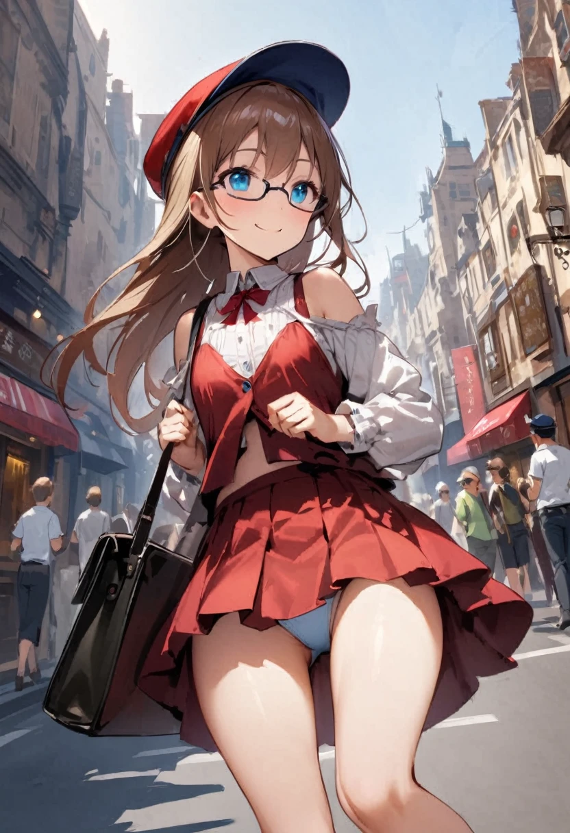 spread leg legs、sit、Looking away、Chat with friends、In town、bustling street、Glasses、cap、Panties、Shoulder bag、mini skirt、Private Server、Girl、Girl、Short、Younger、Baby Face、flat chest、Dynamic Angle、Useless、smile、Both eyes open、Voyeur style