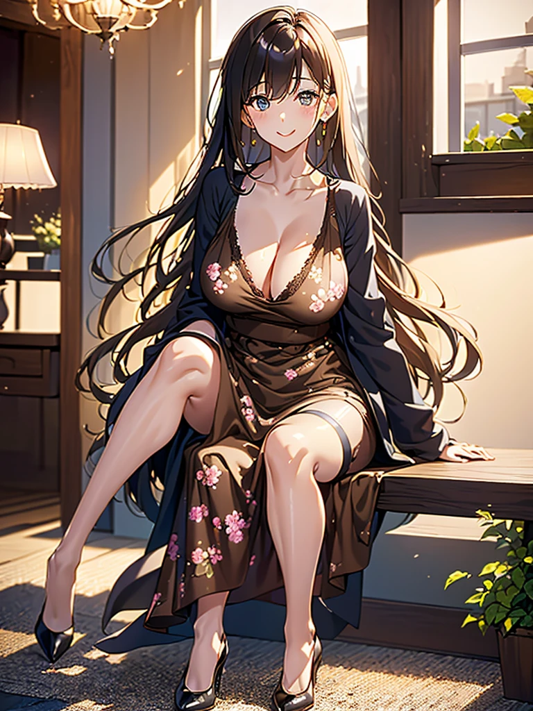 Masterpiece, high quality, A beautiful young woman, She is wearing a shirt brown dress with a floral pattern, smiling Kindly, slender, Sitting, Looking up at the camera, perfect face, perfect hands, the background is a bright cafe