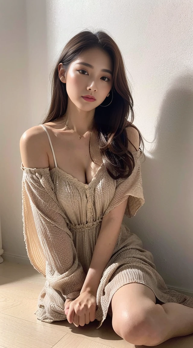 ((Night view, Realistic Light, Highest quality, 8K, masterpiece: 1.3)), One girl, Beautiful woman with slim figure: 1.4, (Brown Hair, Medium chest: 1.3), Off-the-shoulder cut top: 1.3, sofa, Highly detailed face, Fine grain, Double eyelid nude