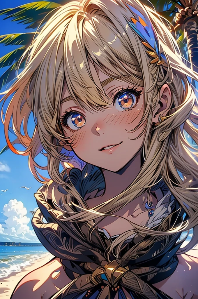 masterpiece, rich colors, Best quality, detailed, high resolution, Hyper quality, high detail, , high quality, detailing, skinny sexy girl on the beach , bright lighting , Brown eyes, Anime, palm trees, bright lighting, blonde,