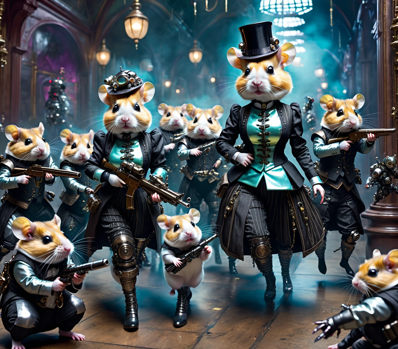 Opalescent iridescent fighting california hamsters,  dressed in fashion clothes in Edwardian style, surrounding a midget cyborg boss lady with assault riffle, cybergoth environment. 