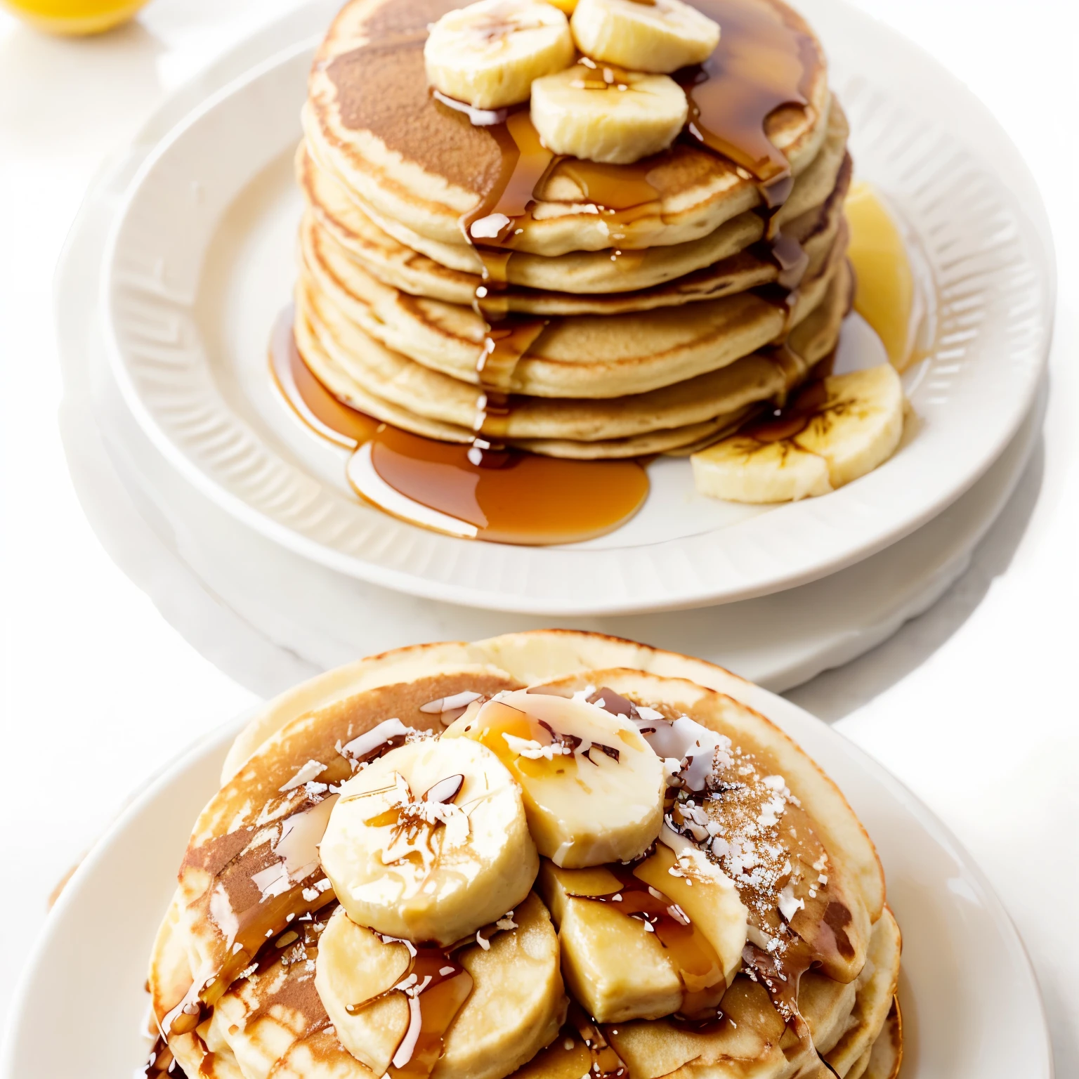 araffe pancakes with bananas and syrup on a white plate, pancakes, pancake flat head, living food adorable pancake, high quality food photography, stacked, iconic, pancake short large head, ๐ฟ๐ธ๐, 4 0 9 6, recipe, super realistic food picture, 3 4 5 3 1, maple syrup, california;, ๐ ๐ก ๐ง
