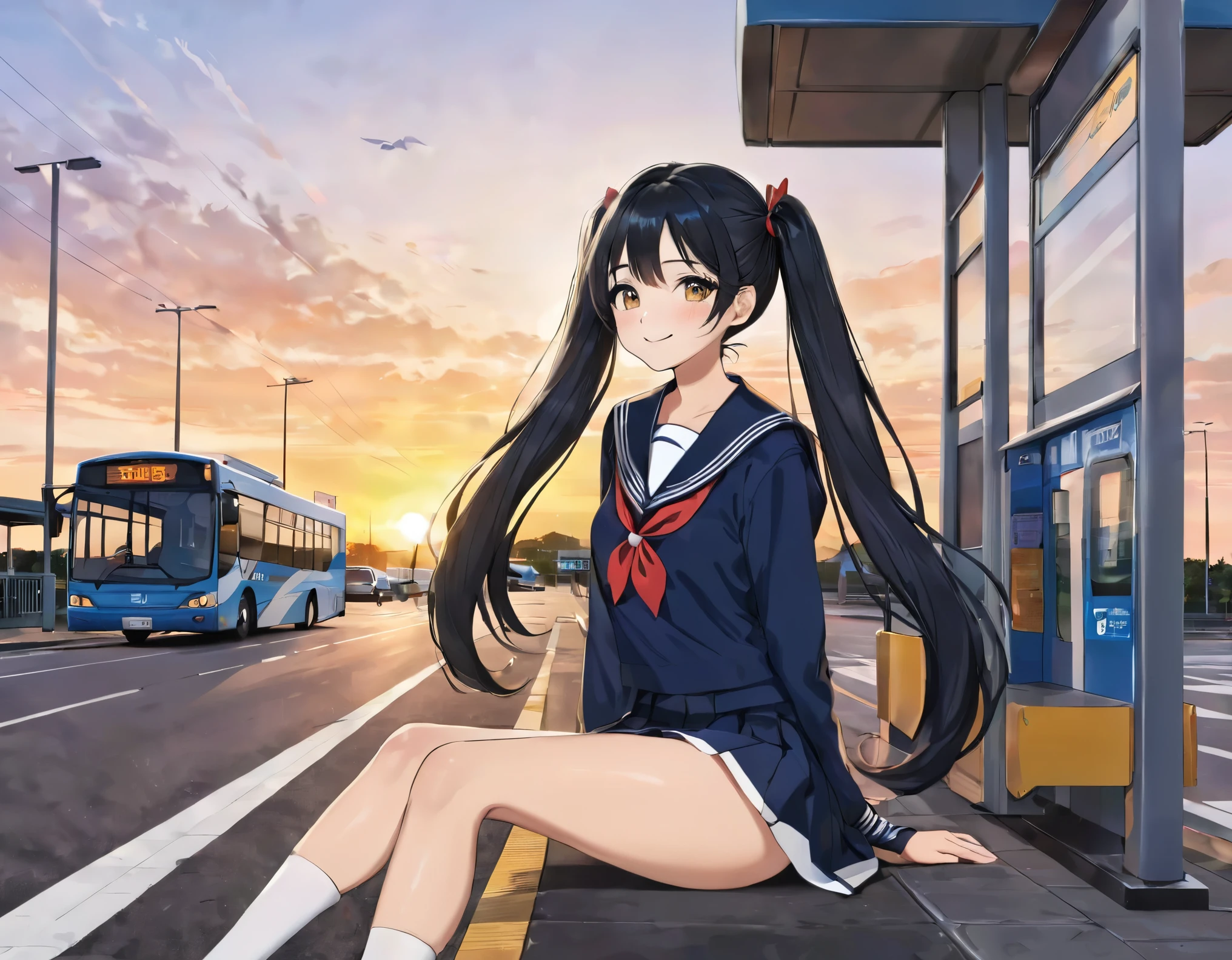A beautiful girl with long black hair in twin tails, wearing a sailor uniform, smiling brightly, full body shot, waiting for a bus at a bus stop, bus visible in the background, beautiful sunset, detailed facial highlights