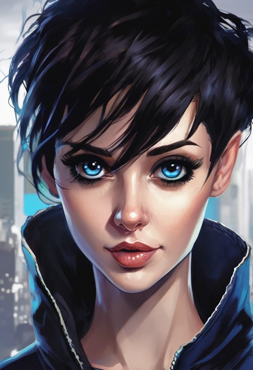 (comics style art) (High definition ) ( Dark shading ) ( Female character) (Strong build ) (shortBlack Pixie cut hair ) (Dark blue eyes ) ( Pale skin ) ( cocky grin )