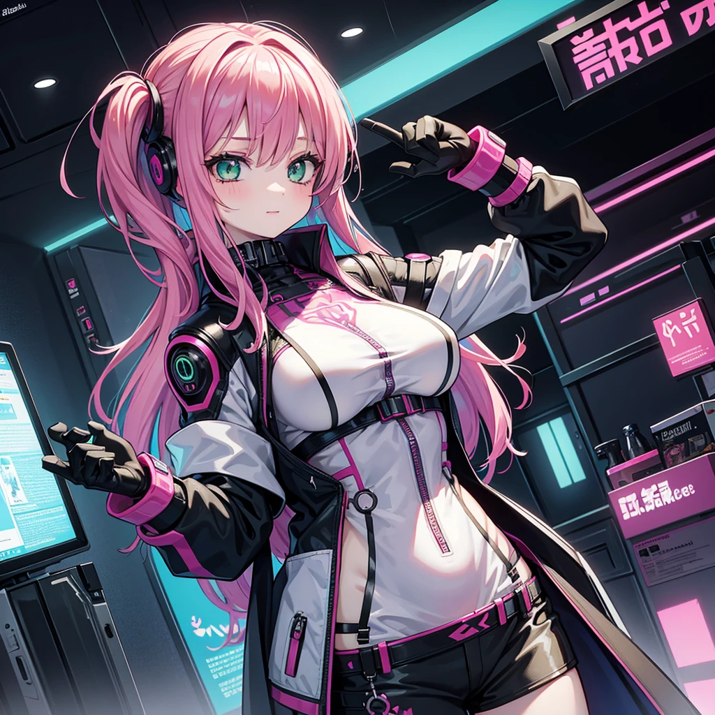 "Generate a highly detailed and vibrant image of a young woman with adult appeal. She has pink hair. Her face is tilted slightly to the left and she appears radiant and happy, green eyes wide open and glowing with excitement. She is looking intently at a glass bottle full of drug capsules, with greater emphasis on the capsules, which she holds in her hands. cyberpunk theme.