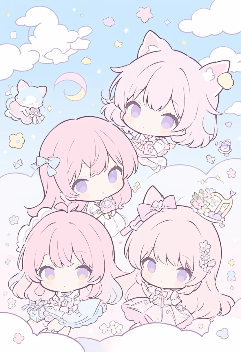 Craft a charming cartoon illustration of a pink hair girl with purple eyes. The artwork should be characterized by minimalistic and rounded line art and pastel colors. The character should have exaggerated, endearing features, and the items should be stylized yet recognizable, adding to the fantasy-like and joyful scene set against a serene sky, sanrio style