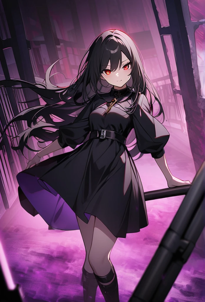 One woman、An unusual atmosphere、Iron bars、red eyes、tooth、鋭いtooth、black hair、Lock、Lock鎌、black dress、long hair、ハイライトのあるred eyes、sealed、purple fog、villain's daughter、enemy、cold、cruel、Get angry、rage、Purple Miasma、red glowing eyes、Purple Flame、Purple Flame、曲がりくねったLock、white skin、Burned Castle
