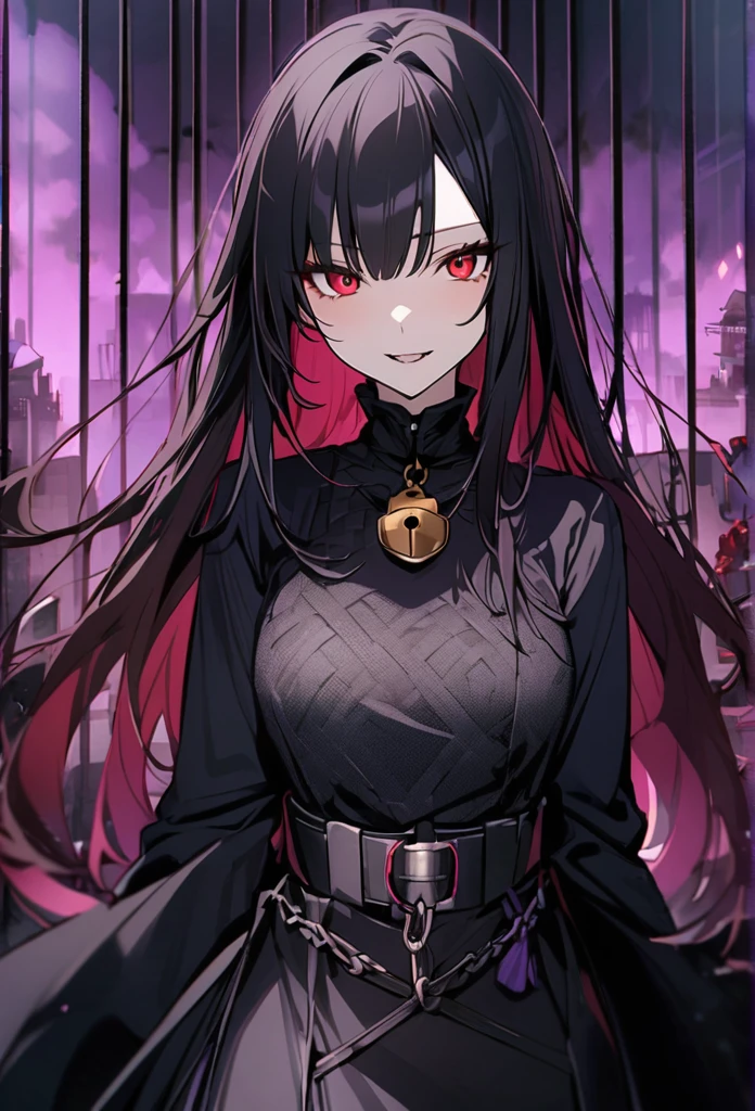 One woman、An unusual atmosphere、Iron bars、red eyes、tooth、鋭いtooth、black hair、Lock、Lock鎌、black dress、long hair、ハイライトのあるred eyes、sealed、purple fog、villain's daughter、enemy、cold、cruel、Get angry、rage、Purple Miasma、red glowing eyes、Purple Flame、Purple Flame、曲がりくねったLock、white skin、Burned Castle
