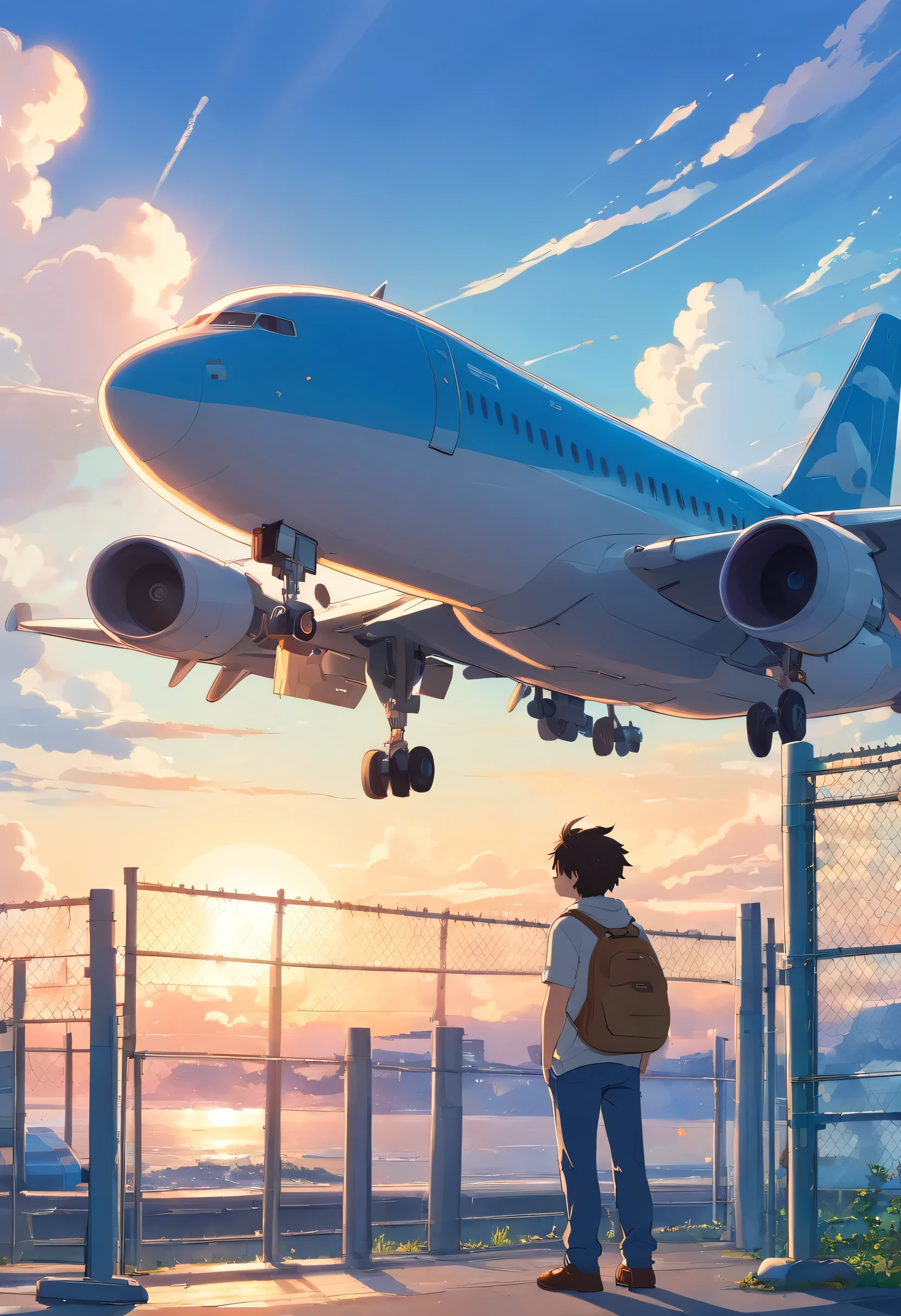 A fat boy with blue eyes looks at the plane from the airport fence