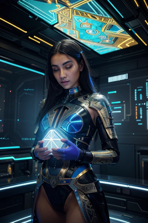 A holographic Futuristic Bible written by Artificial Intelligence, set in a neon-lit, cyberpunk metropolis cityscape at dusk, where sleek skyscrapers pierce the smog-filled sky. The tome's transparent, crystal-like pages, adorned with glowing circuits and algorithms, shimmer with an ethereal light. The aesthetics evoke a sense of avant-garde, technological spirituality, blending ancient wisdom with cutting-edge innovation. Vibrant hues of electric blue, silver, and gold dance across the cover, punctuated by intricate, swirling patterns of code, imbuing the image with a sense of wonder and mysticism.