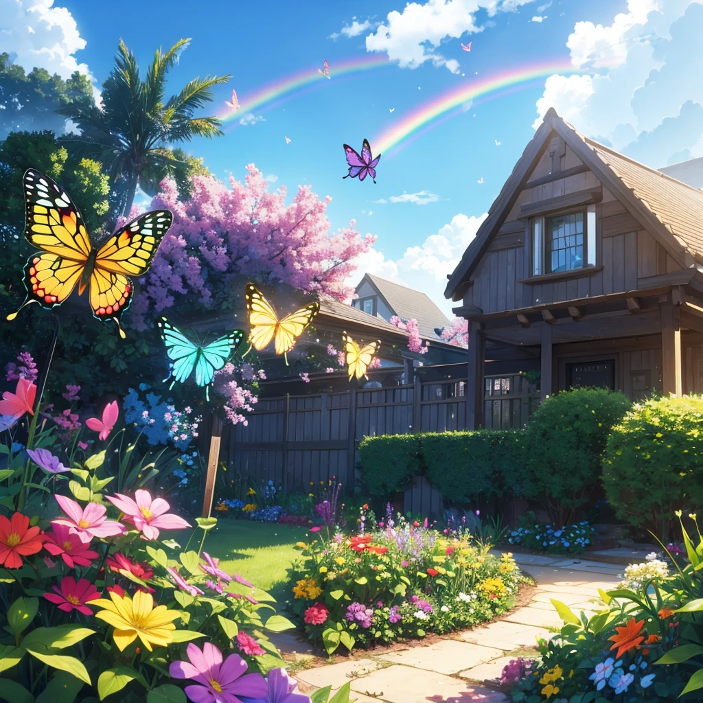 A rainbow butterfly flying in the garden before a house, very detailled, 4 k realistic