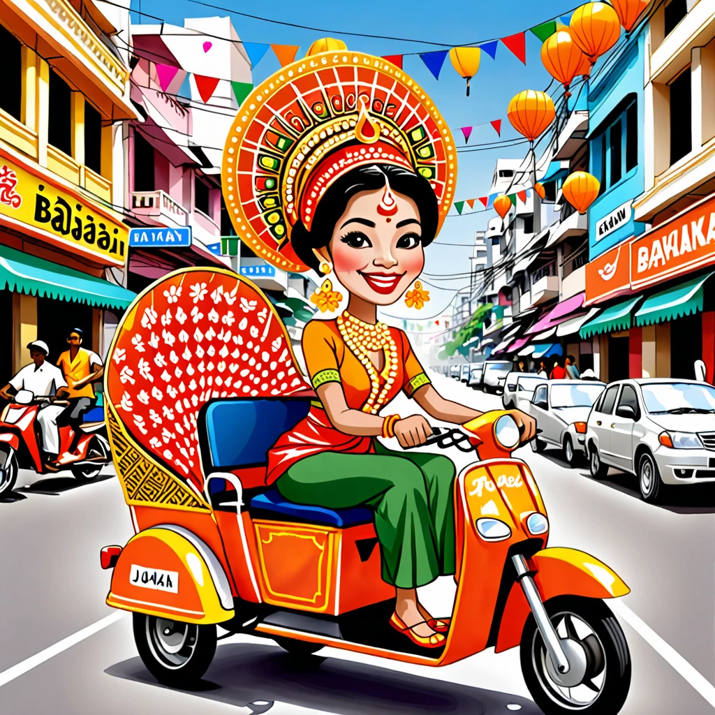 "Create an eye-catching digital illustration of a cheerful woman in traditional attire with large earrings and an elaborate hairstyle, riding an orange pedicab (bajaj) on a busy city street. The pedicab has a license plate that says 'BAJAK'. Include festive elements with a backdrop of city shops and other motorcyclists. Add the text 'Happy Birthday Djakarta' at the top to celebrate Jakarta's anniversary."