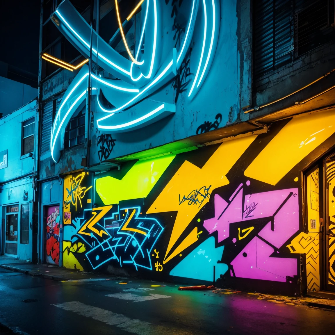 graffiti, abstract, neon yellow and blue,