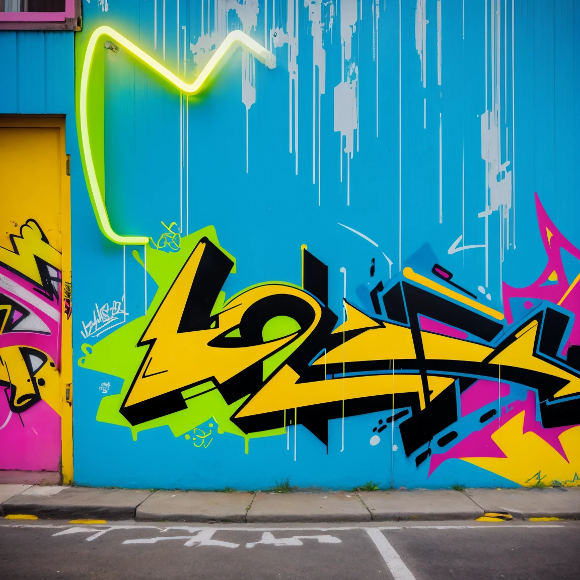 graffiti, abstract, neon yellow and blue,