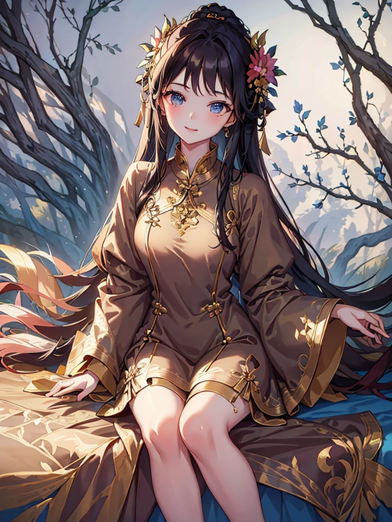 Masterpiece, high quality, A beautiful young woman, She is wearing a shirt brown dress with a floral pattern, smiling Kindly, slender, Sitting, Looking up at the camera, perfect face, perfect hands, the background is a bright cafe