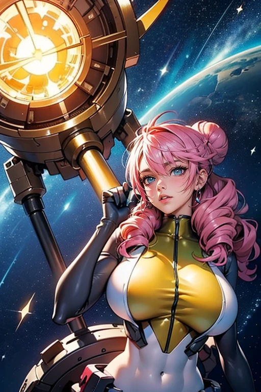 (masterpiece, top quality), (medium),official art, beautiful and aesthetic:1.2),(feldt:1.3), (fractal art:1.3),upper body, gundam00, pink hair, yellow bodysuit, from side, (slendered abs:1.2), looking at viewer,(((starry sky))), stars in the background, purple shoulders,((black gloves)),((gigantic breasts:1.5)), (drill hair buns),((ultra detail eyes:1.5)),((extremely detailed CG unity 8k wallpaper,masterpiece, best quality)), ((ultra-detailed:1.5)),(best illumination, best shadow, an extremely delicate and beautiful),(extremely detailed CG unity 8k wallpaper,masterpiece, best quality, ultra-detailed),(best illumination, short hair, best shadow, an extremely delicate and beautiful),(perfect body: 1.5),(masterpiece), digital art, otherworldly, a burst of color, explosive energy, chaotic beauty, (hair flowing:1.2, hair glowing), (background: broken, shattered, fractured), (light: flickering, pulsating, radiating).