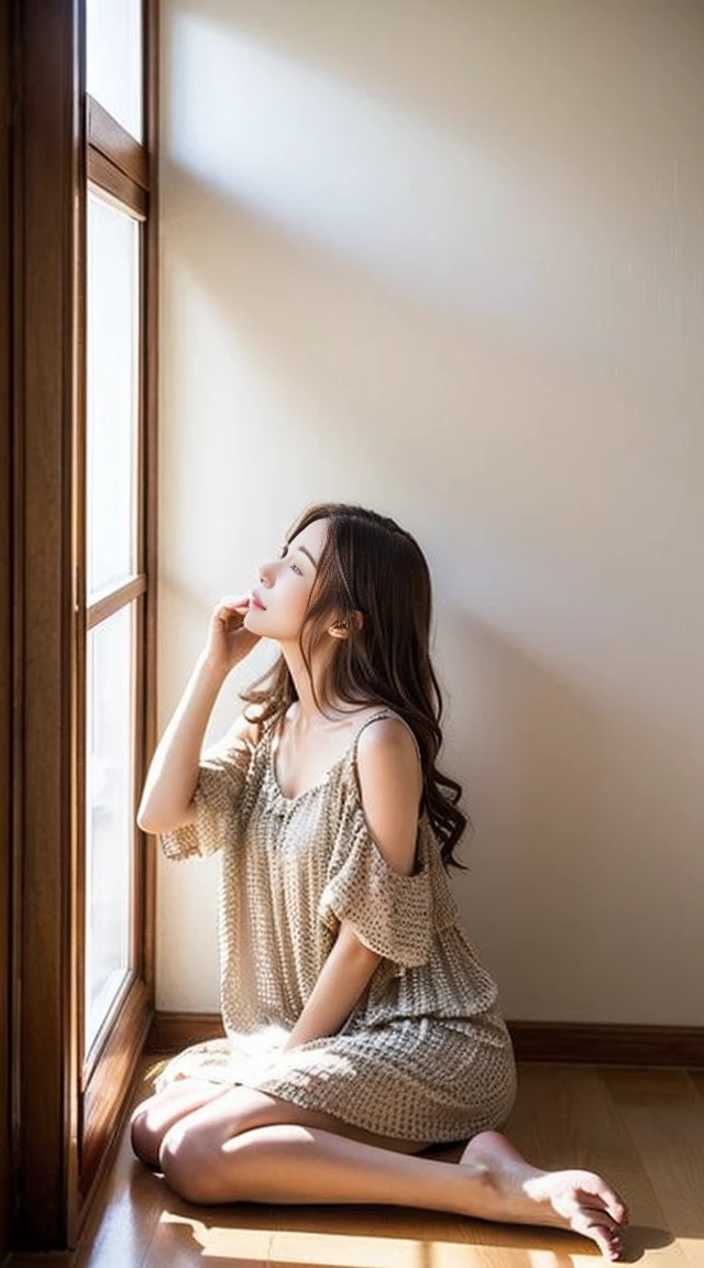 Dark brown hair、Light brown eyes、Japanese actress、 Lady、I am about 40 years old.....、(Intricate details:1.2)、(Which is the top?????:1.4)、 (Ultra-high resolution:1.2)、Ultra-high resolution、(Finely tuned)、(Detailed facial features)、Hmph、8K resolution、D cup size breasts、Long Hair、Large windows、Extravagant space、relax、、,Full body photo、Head to toe shot、Beautiful feet、Camisole dress、Beautiful feet、A refreshing room filled with sunlight、she, household items,   (plant:0.8), Fashion Hub, Attention to detail, Very detailed, Realistic, Hourglass Shaped Body, Obscene pose,、、私 cry a lot、tears、person on the left、White wall、White floor、diagonally from below、please lift your chin、テーブルの上にsit、relaxした表情、Pose of Weakness、(auraroid photo:1.2)、From outside the window、Transparent painting、8K、32k、Highest quality、(Details of both eyes)、1 Girl、elegant、(Loose dress :1.4)、sunset、sit、(Low - Angle、From what angle are you looking at this????:1.2)、Hilarious、Leaning against a wall、