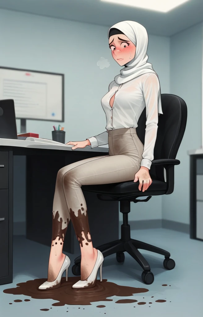 Ultra-realistic, 4k, 1girl, slim face, pretty face, cute eyes, skinny body, wearing white hijab, white chino pants, tight long sleeve classic buttoned shirt, white heels, nervous facial expressions, very sweaty, both hands on ass, in office, near the office chair, dirty office chair, dirty pants, dirty clothes, sweaty clothes, (((make the whole image filthy and dirty))), (((mud overflowing from pants))), stinky atmosphere, filthy atmosphere, mud on pants, disgusting office, too much mud on pants