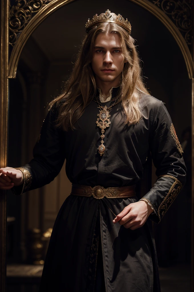 A dark-blonde hair man, 26 years old, pale skin, mesomorph body, long hair, hands on waist, medieval prince, noble clothes, crown, detailed face, chiaroscuro lighting, dramatic shadows, cinematic, oil painting, highly detailed, intricate ornate costume, regal, dramatic