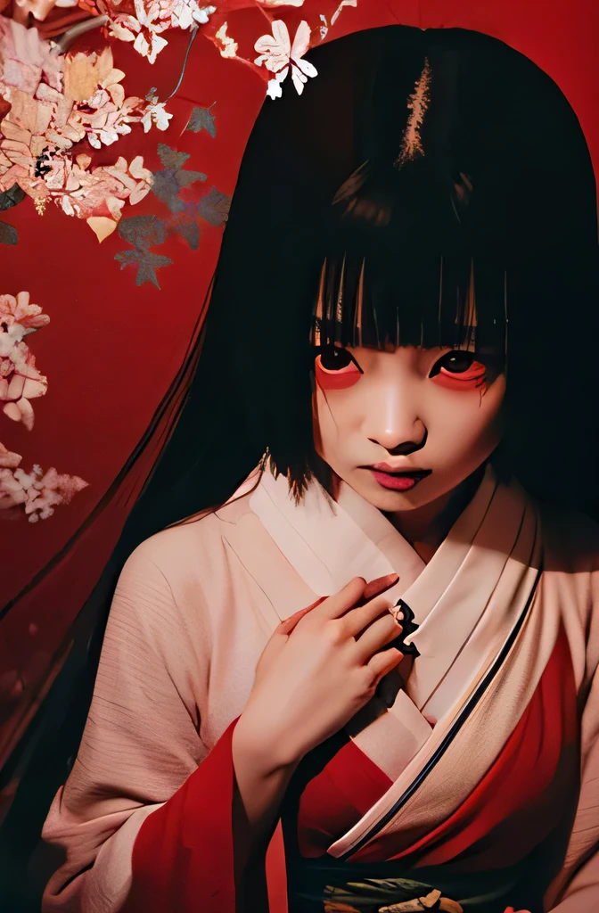 Real photo、Japanese Yokai、Shrine in the Dark Night、Thick Fog、Cover your chest with your hands、Highest quality、Masterpiece、Highest detail、Japanese Yokai、A naked woman with small breasts floating in the darkness、Hell Girl、Spread your legs wide to show your vagina、Vermilion eyeliner、glare、Feeling fear、Wearing a thin veil on the body、Red background、Multiple exposure dense fog