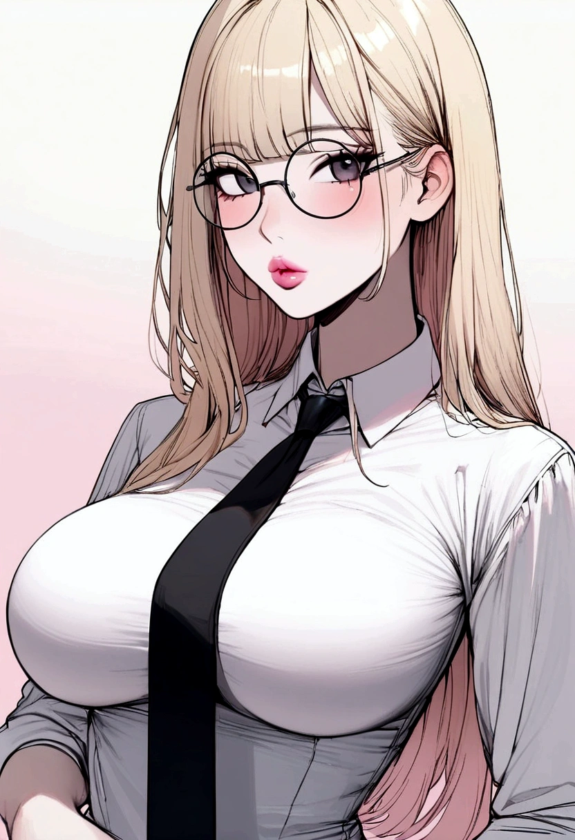 1 girl, solo, light blonde hair, black eyes, white shirt, pastel colors, big breast, lipgloss, big round glasses, korean, straight bangs, pink cheeks, sexy, professional, smart, black tie, elegant, hot