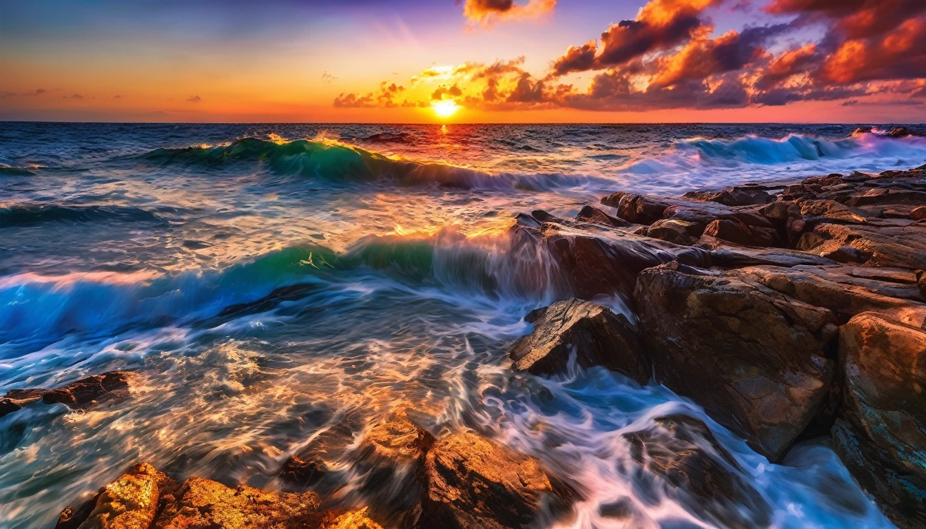 arafa view of a sunset over the ocean with waves crashing, chaotic sea scenery, vibrant sunrise, breathtaking colors, breathtaking look, vibrant sunset, breathtaking composition, beautiful seascapes, stunning sunset, Magnificent background, sunset glow, beautiful background, beautiful dreamy breathtaking, Marcos Adams, beautiful and hot scene, Epic sunset, Beautiful sunset, beautiful sunset glow, beautiful ocean