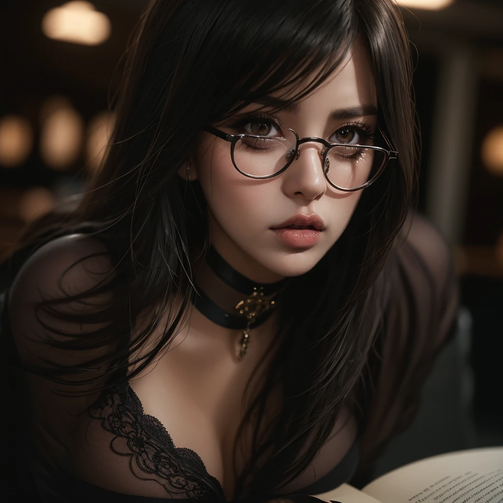 a beautiful milf with huge breasts, wearing round glasses, sitting on a table in a library, wearing tight black latex stockings that dig into her juicy thighs, wearing a choker collar that strongly compresses her neck, her tongue sticking out and eyes rolled up, (best quality,4k,8k,highres,masterpiece:1.2),ultra-detailed,(realistic,photorealistic,photo-realistic:1.37),detailed eyes,detailed lips,extremely detailed face,long eyelashes,elegant mature woman,seductive pose,intense expression,chiaroscuro lighting,moody atmosphere,dramatic shadows,rich colors,cinematic,portrait