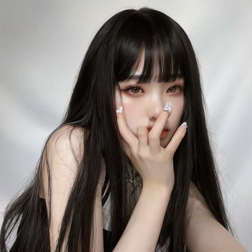 Korean girl with long black hair, straight and with bangs. She has a hand on her face, ulzzang girl with gothic style and smooth face, she has black hair with bangs pale skin. 