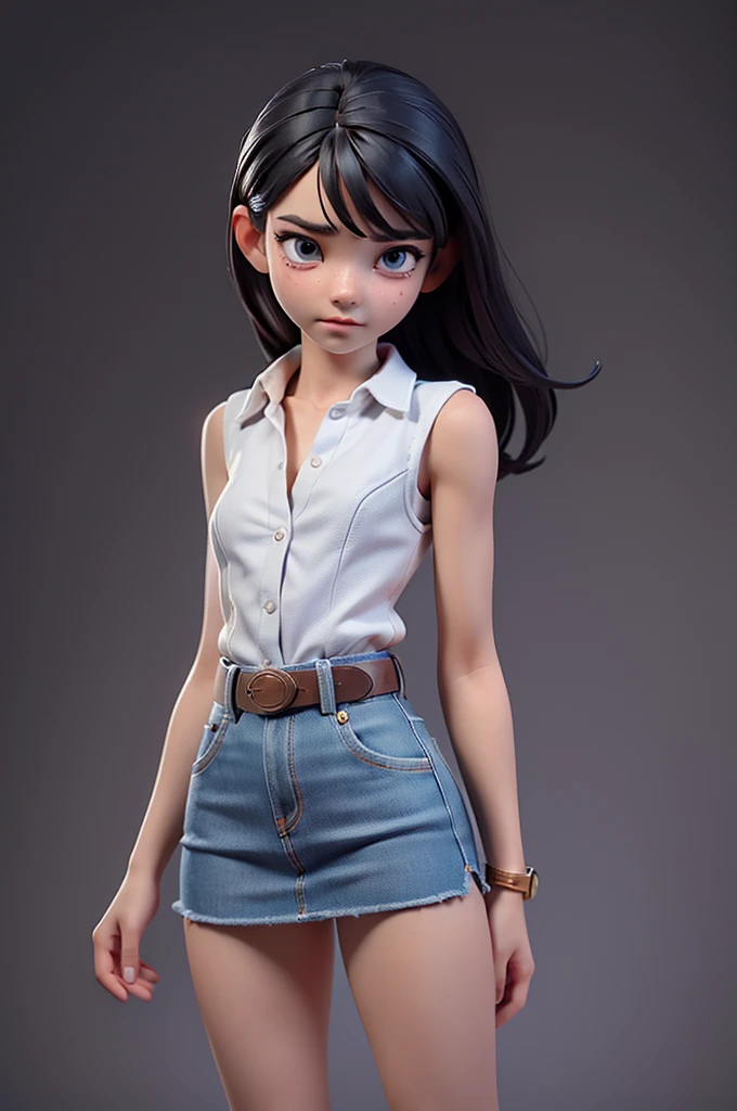 (((((alone))))),(((((masterpiece))))), (((((Best Quality))))),(((((Very detailed))))), finely, Depth of written boundary, Sharp details, Detailed clothing, High resolution,One girl,Beautiful detailed face:), ,(((Slim Body))),(((Small Ass))),(((Denim mini skirt))),(((Wear a belt))),(Wearing a sleeveless collared shirt))),(((Wearing a watch))),(((Sandals))),(((Cowboy Shot))),(((I am going to cry))),(((Monotone background))),((Hiccups)))