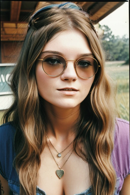 close-up polaroid of attractive woman, 20 years old, (hippie, stoner, 1970s, vintage), midriff, huge hips, long hair, blonde hair, curly hair, round glasses, necklace, metal bracelets, tattoos, beanie, cool gal pose, laid back personality, wooden house